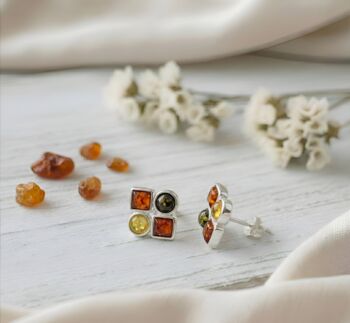 Geometric, Square Sterling Silver And Amber Stud Earrings, 3 of 3