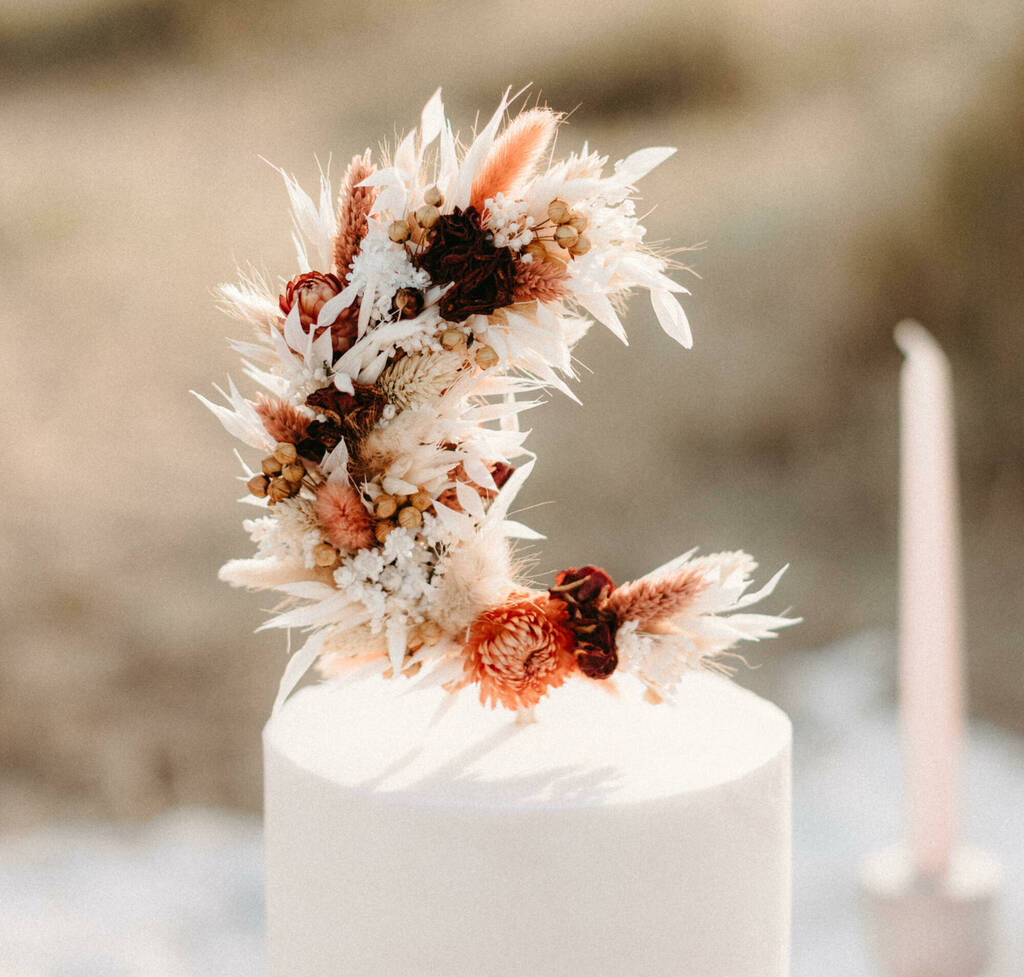 Autumnal Crescent Moon Dried Flower Wedding Cake Topper, 1 of 4