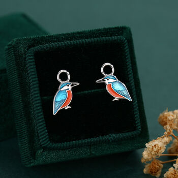 Sterling Silver Enamel Kingfisher Detachable Huggie Hoop Earrings, 6 of 12