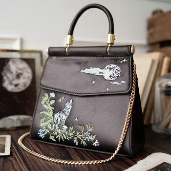 Wolf And Moon Embroidered Charcoal Satin Tote, 2 of 8