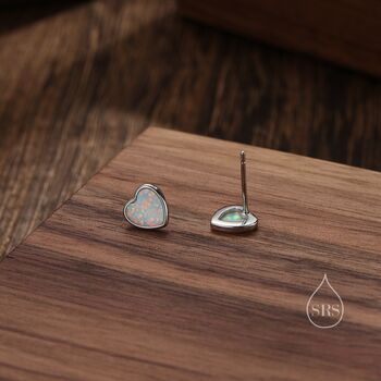 Sterling Silver Lab Opal Heart Stud Earrings, 4 of 12