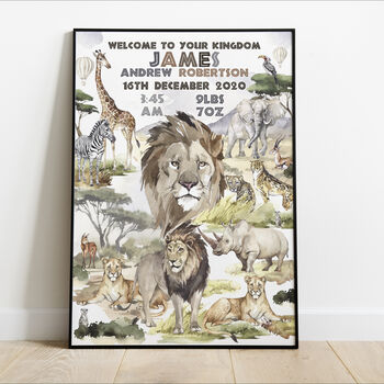 Personalised Keepsake Birth Print Wild Safari Animals, 2 of 6