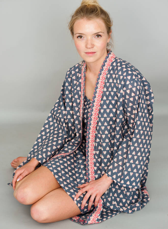 Cotton Short Kimono In Grey Heart Print By Caro London ...