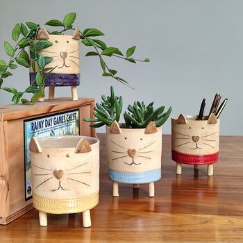 Cat Plant Pots Handmade Ceramic Tripot, 2 of 9