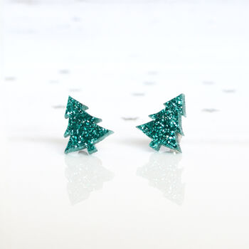 Laser Cut Rainbow Glitter Christmas Tree Earrings Studs, 6 of 9