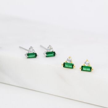 Emerald Green Baguette And Round Cz Stud Earrings, 6 of 12