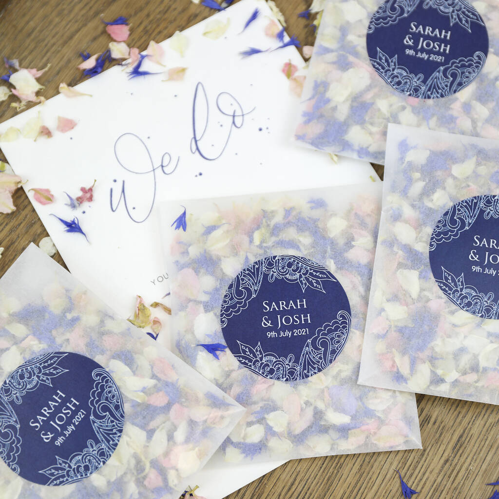 Personalised Navy Lace Wedding Confetti Sachets, 1 of 8