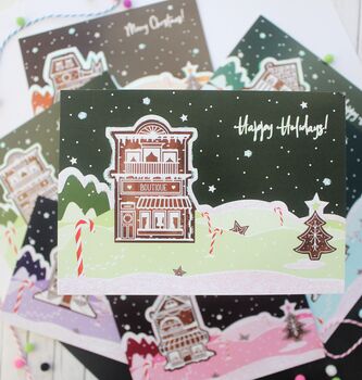Christmas Glitter Postcard Set, Gingerbread Shops, 3 of 8