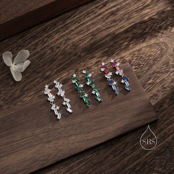 Emerald Green Cz Cluster Stud Long Drop Earrings, 3 of 11