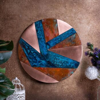 Verdigris Copper Wall Art, Copper Geometric Design 300 Mm Diameter, 2 of 4