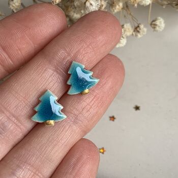 Tiny Turquoise Christmas Tree Ceramic Earrings, 4 of 10