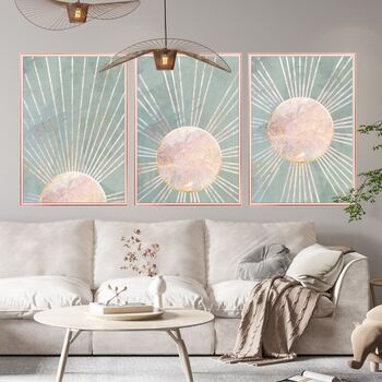 Custom Colour Set Of Three Bohemian Boho Suns Wall Art Prints, 2 of 9