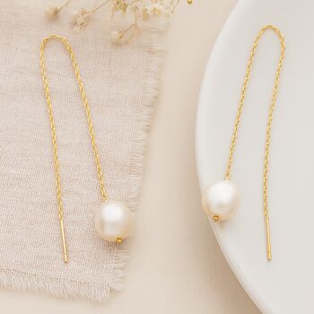 Gold Plated Pearl Threader Earrings – 120mm Drop, 2 of 5