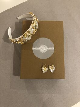 Gold And Frosted Leaf Bridal Hoop Earrings, 5 of 5