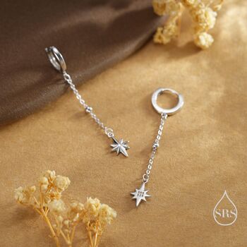 Sterling Silver Dangling Starburst Huggie Hoop Earrings, 7 of 11