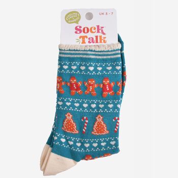 Women's Bamboo Socks Teal Gingerbread Fair Isle, 5 of 5