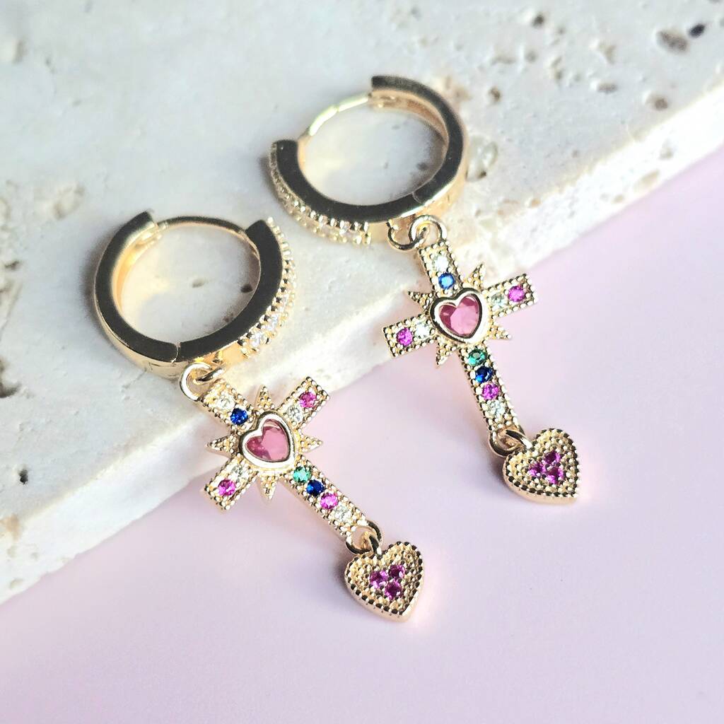Heart Cross Hoop Earrings, 1 of 4