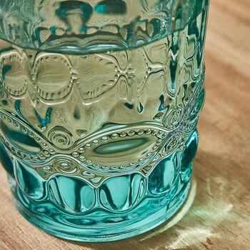 Set Of Four Embossed Turquoise Glass Tumblers, 4 of 7