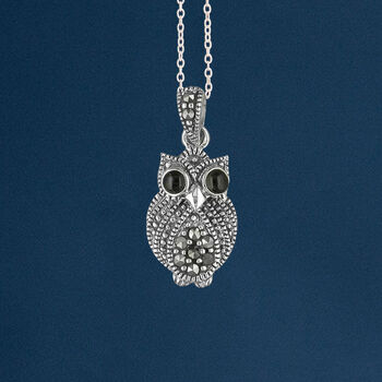 Sterling Silver Twinkling Marcasite Owl Necklace, 3 of 11