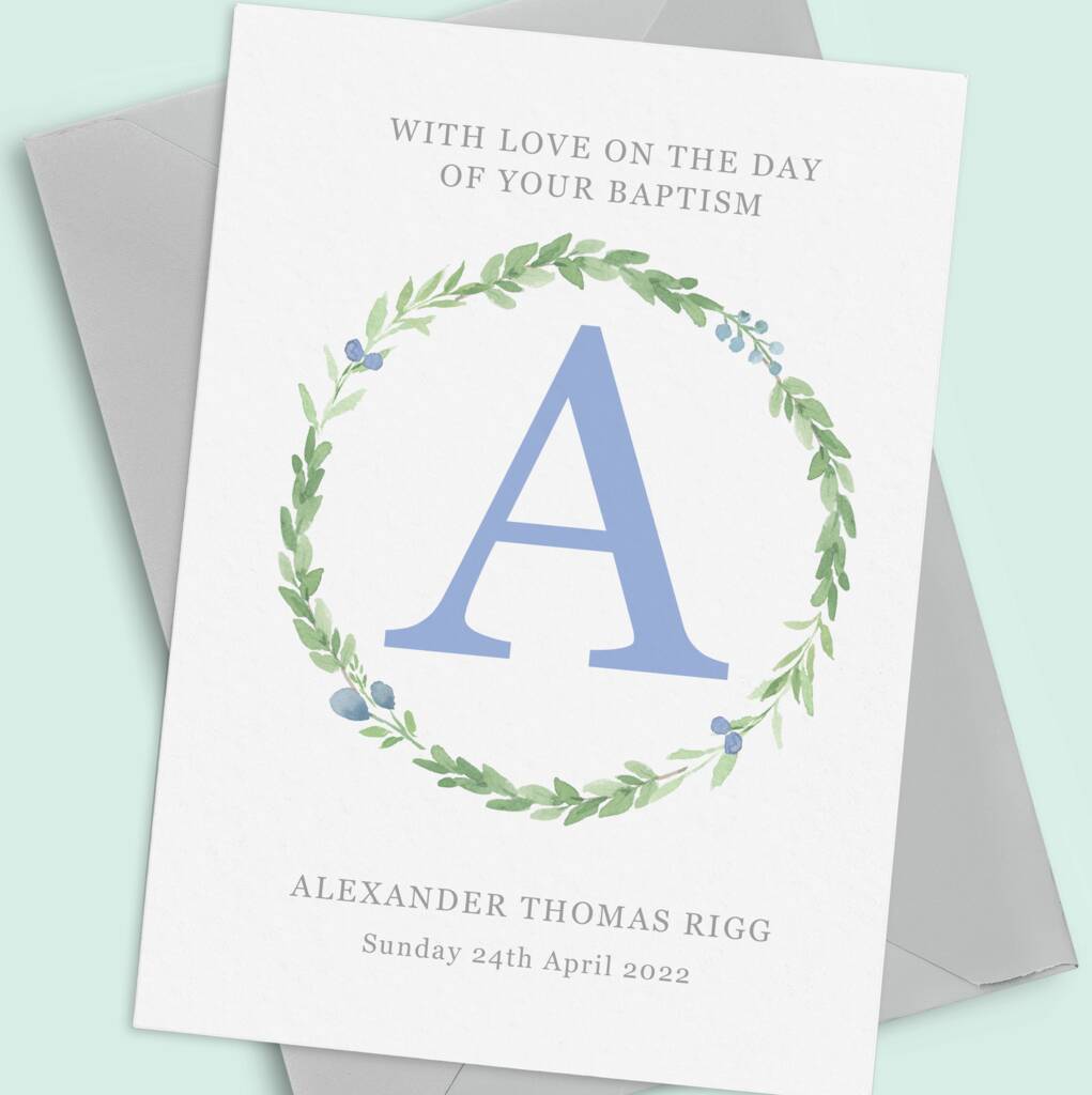 Blue Wreath Personalised Baptism Card