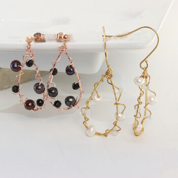 Wire Wrapped Drop Hoop Earrings With Pearl And Gemstone, 2 of 10