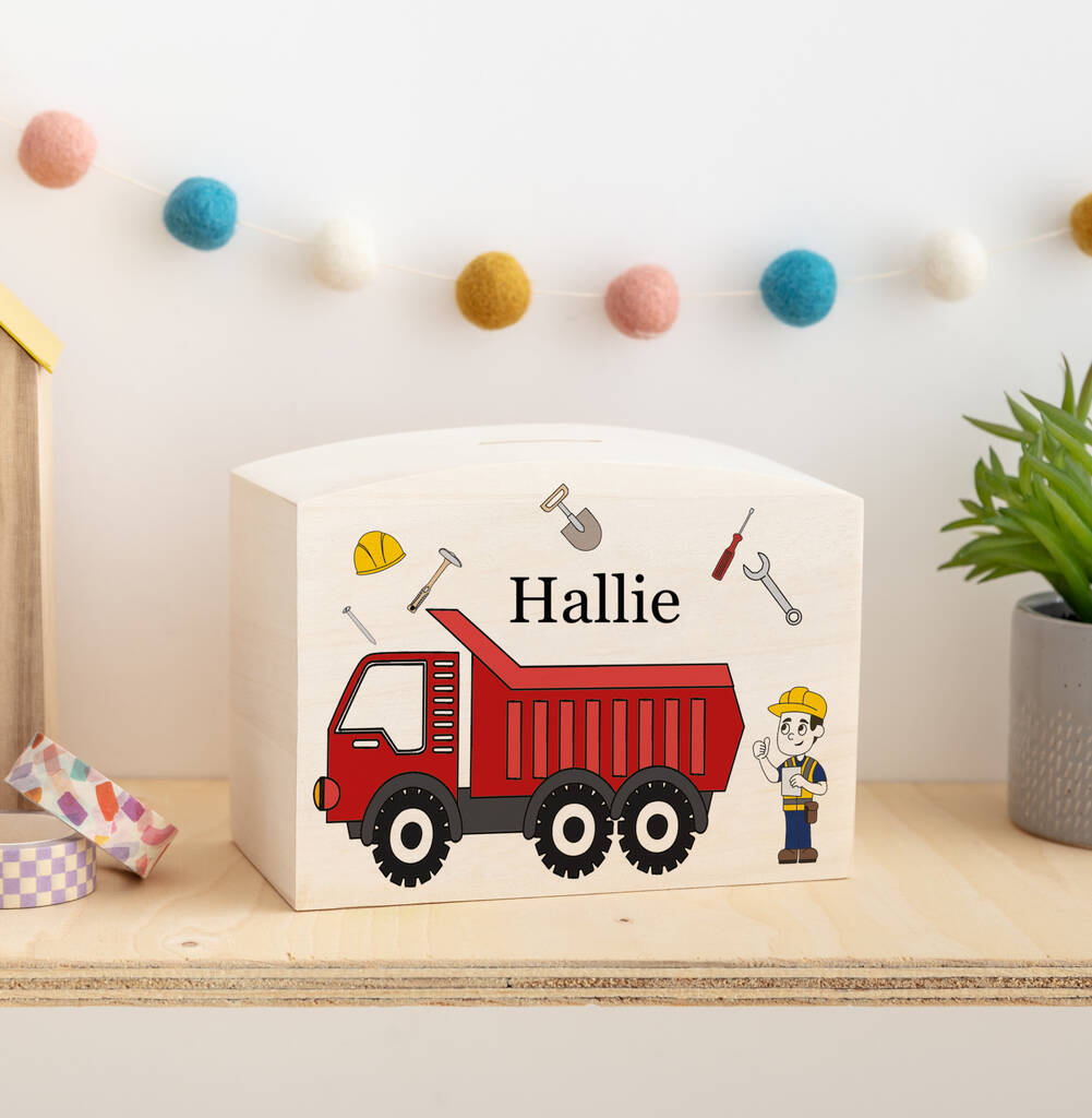 Personalised Tipper Truck Construction Wooden Money Pot, 1 of 3