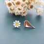 Mismatched Enamel Daisy And Robin Bird Stud Earrings In Sterling Silver, thumbnail 1 of 10