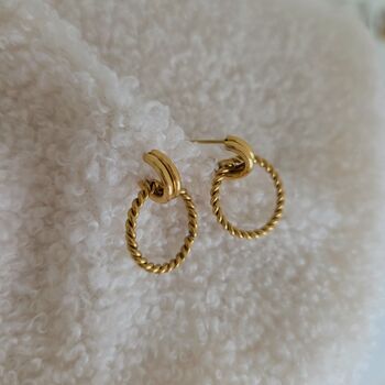 18 K Gold Plated Rope Twisted Drop Hoop Stud Earrings, 6 of 9