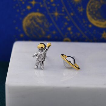 Mismatched Tiny Astronaut And Planet Stud Earrings In Sterling Silver, 3 of 8