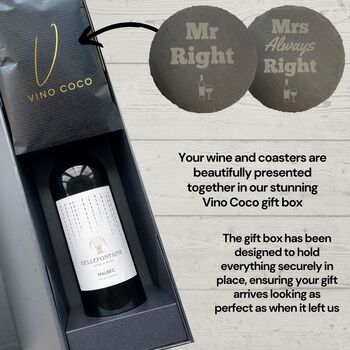 Vino Coco Red Wine Gift Set With Mr And Mrs Slate Coasters Perfect For Anniversaries And Wedding Presents, 5 of 8