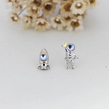 Mismatched Astronaut And Rocket Stud Earrings In Sterling Silver With Lab Moonstone, 5 of 12