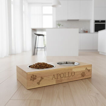 Personalised Name Engraved Bamboo Raised Double Dog Bowl, 3 of 8