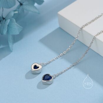 Tiny Sapphire Blue Cz Heart Threader Earrings, 2 of 11