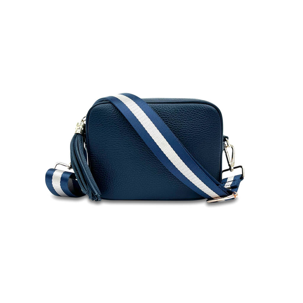 Navy Leather Crossbody Bag With Navy And Gold Strap By Apatchy