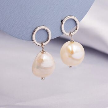 Sterling Silver Circle With Dangling Baroque Pearl Drop Stud Earrings, 6 of 12
