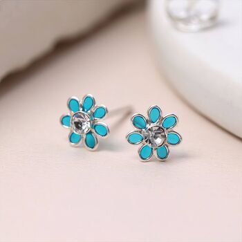 Tiny Sterling Silver Teal Forget Me Not Flower Stud Earrings, 3 of 7