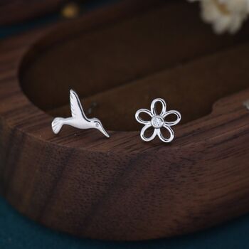 Mismatched Hummingbird And Flower Stud Earrings, 4 of 12