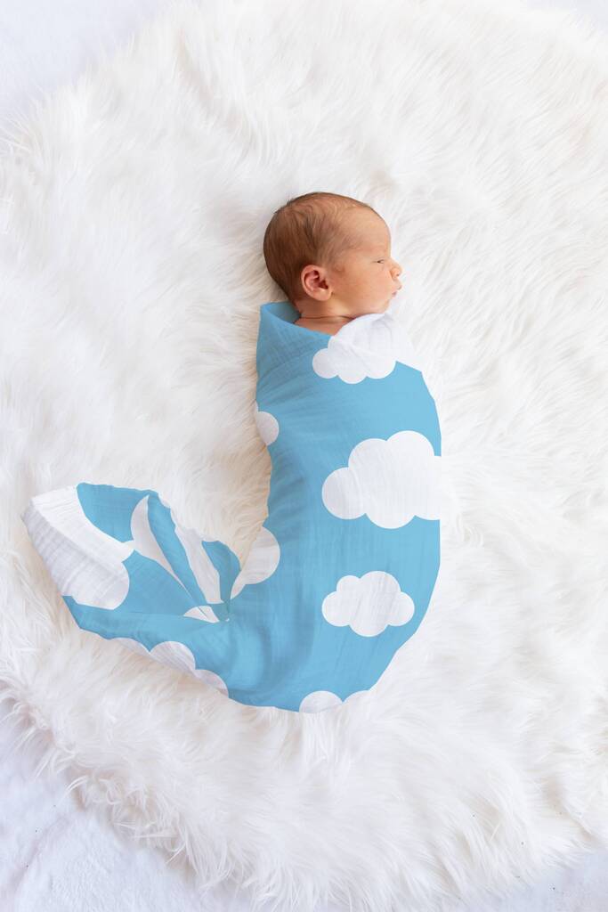 Muslin Swaddle Baby Blanket Clouds Newborn Gift, 1 of 5