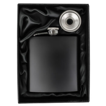Personalised Black 6oz Hip Flask Wedding Favour Gift Set, 3 of 7