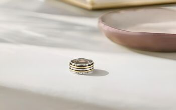 Oxidised Sterling Silver Fidget Spinner Ring With Golden Bands, 7 of 7