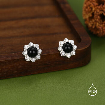 Vintage Inspired Black Onyx Flower Cz Stud Earrings In Sterling Silver, 3 of 12