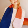 Colour Block Wool Blend Scarf In Orange, Blue And Pink, thumbnail 1 of 8