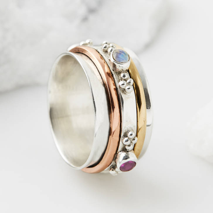 Rajput Sunset Garnet And Moonstone Silver Spinning Ring, 1 of 11