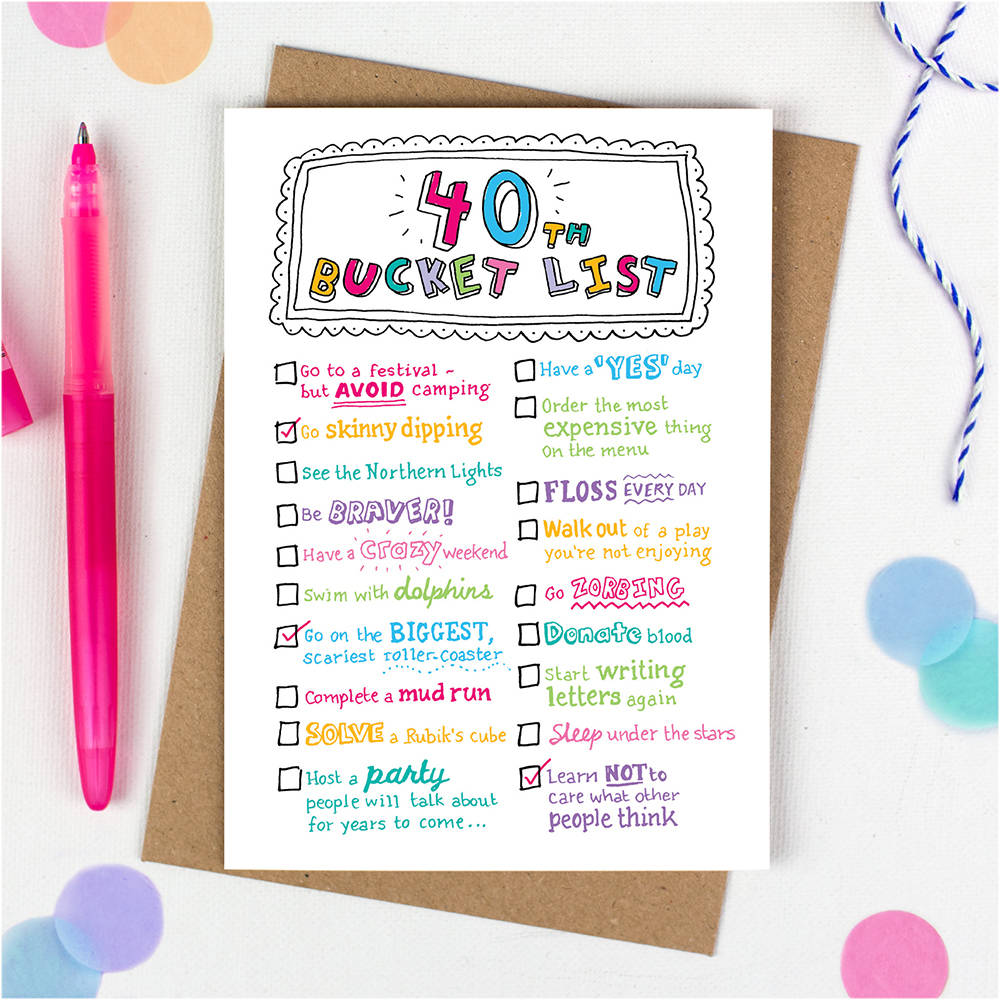 40th Birthday Bucket List Card By Eskimo Kiss Designs 