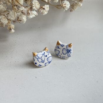 Blue Floral Ceramic Cat Earrings Vintage Blue, 4 of 8