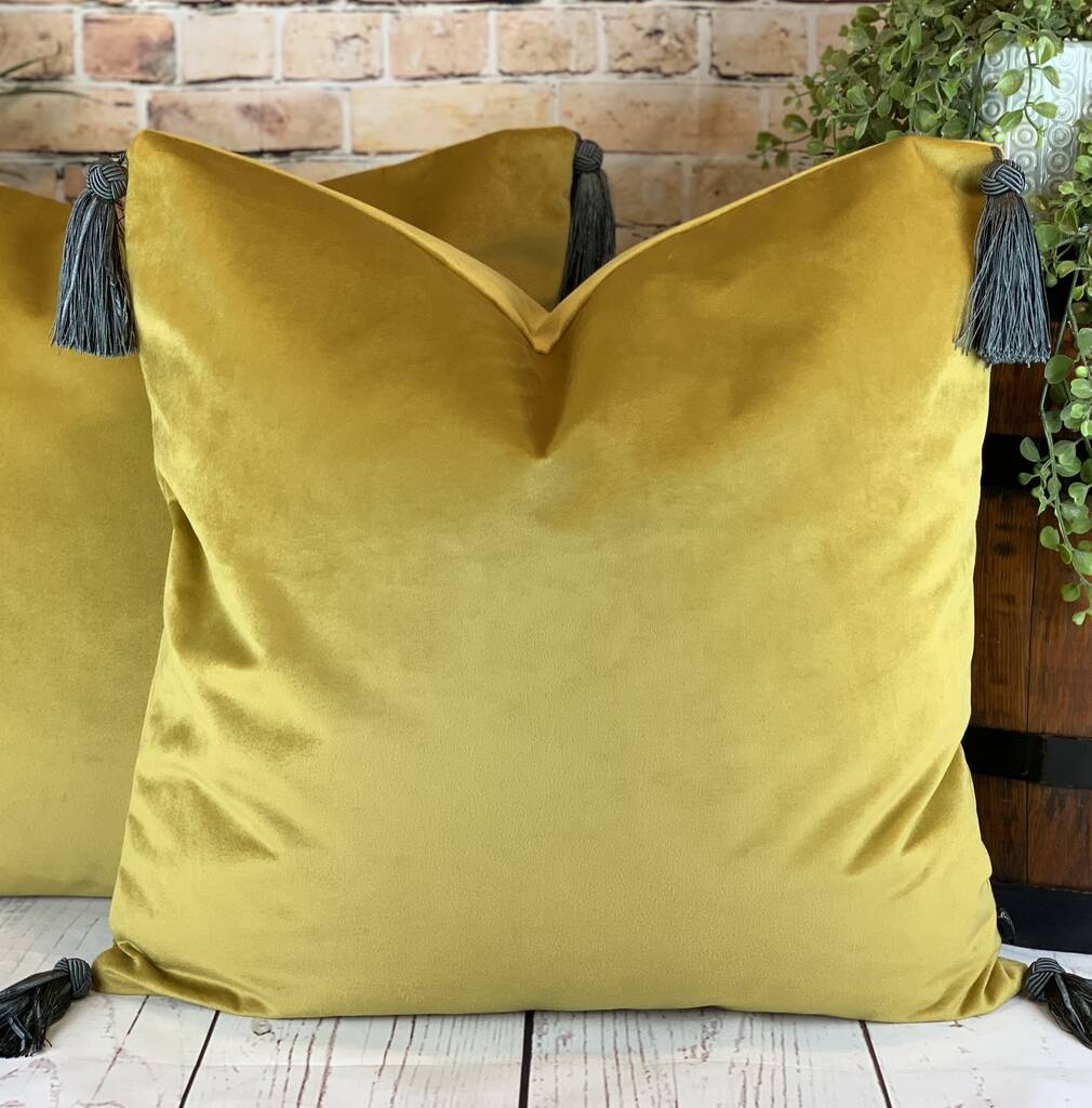 Velvet Mustard Tasselled Cushion, 1 of 10