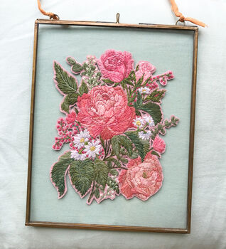 Framed Pink Peony Rose Daisy Embroidered Art, 5 of 6