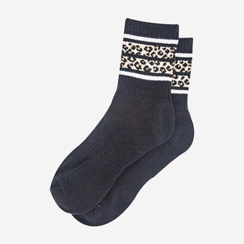 Leopard Print Striped Sporty Ribbed Cotton Ankle Socks Women's Black, 2 of 4