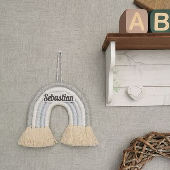 Personalised Rainbow Macrame, Grey Nursery Wall Hanging, 6 of 11