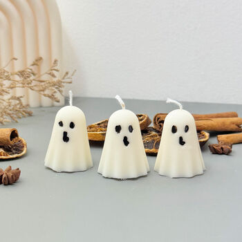 Set Of Three White Ghost Candles And Halloween Gifts, 2 of 7